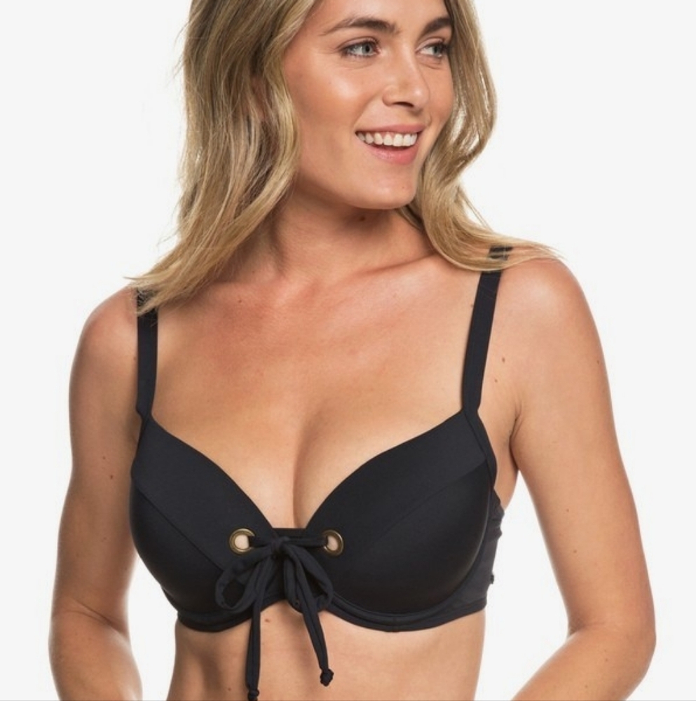 NEW Roxy Women's Solid Beach Classics D-Cup Molded Swimsuit Bikini Top, True Bla